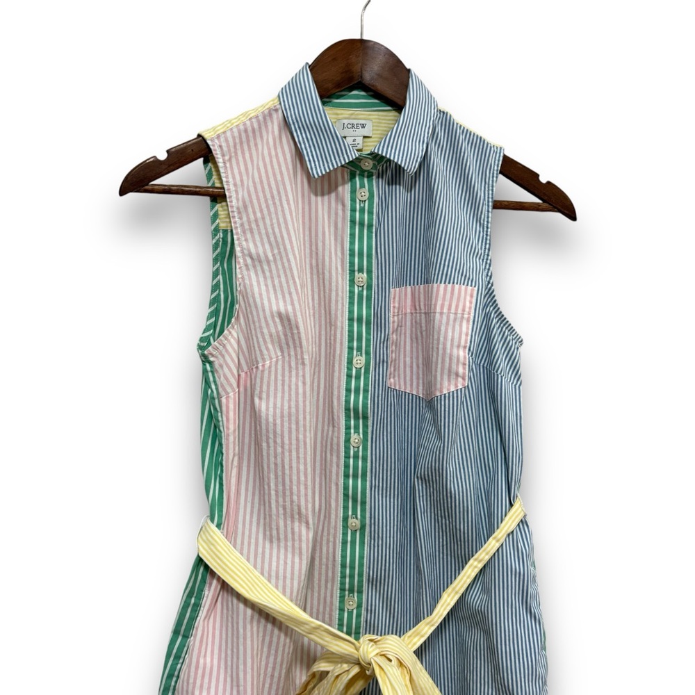 J Crew Women's Rainbow Stripe Sleeveless Shirt Dress With Belt‎ Tie Size 2